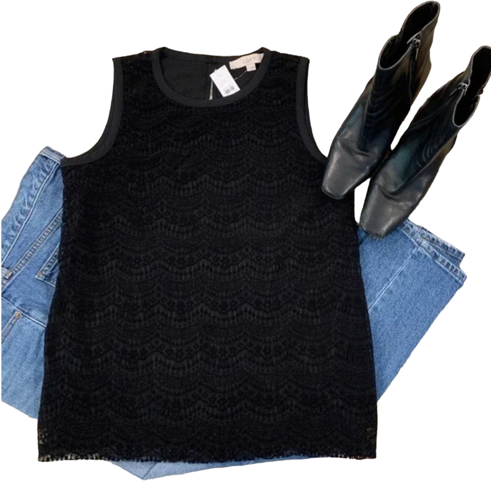 NWT LOFT Black Lush Velvet Lace Lined Shell/Tank